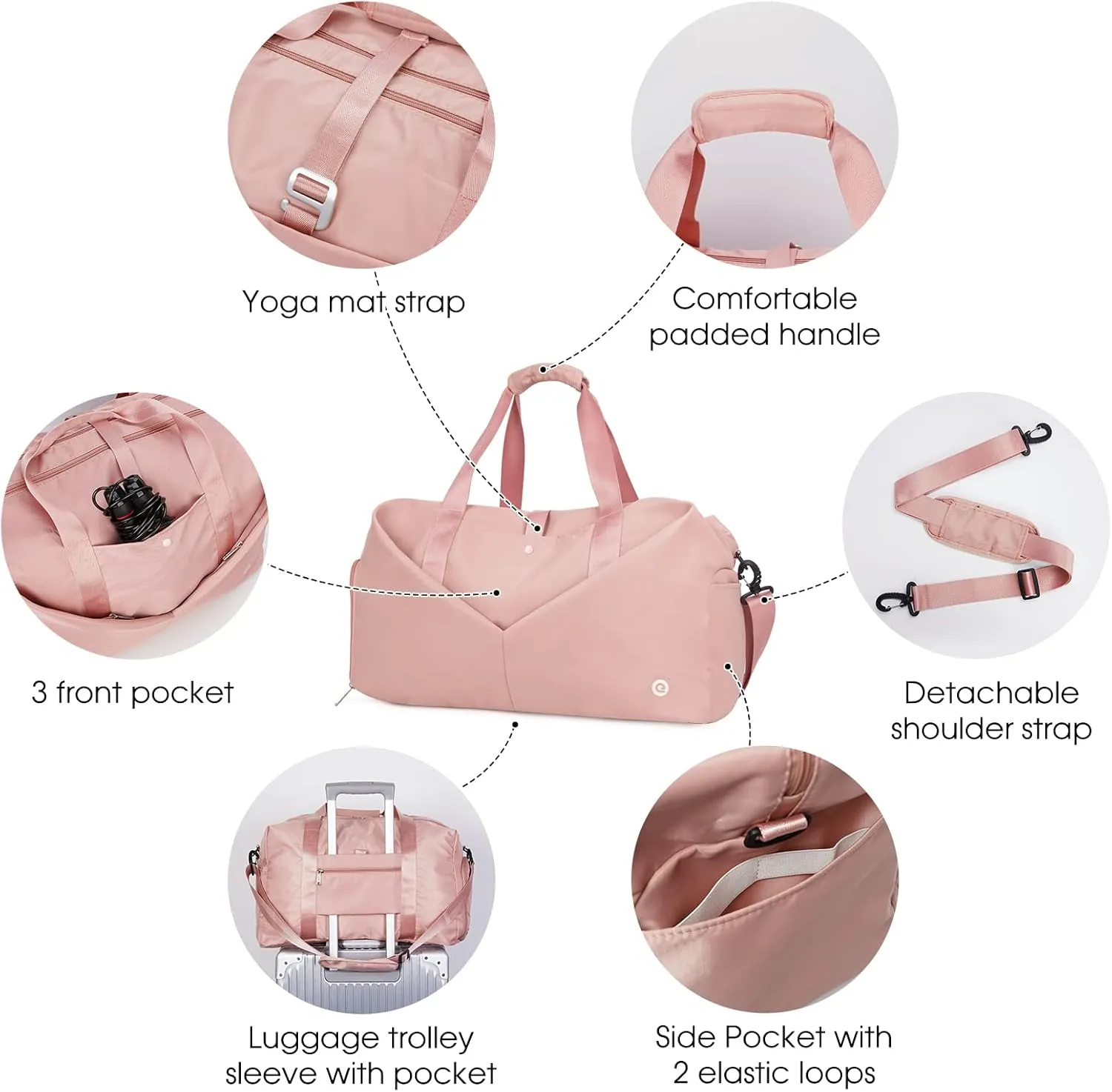 Ceneda 20" Gym Duffel Bag with Wet Pocket Shoes Compartment Portable Overnight Weekender Bag Travel bag Yoga Bag for Women (Light pink)
