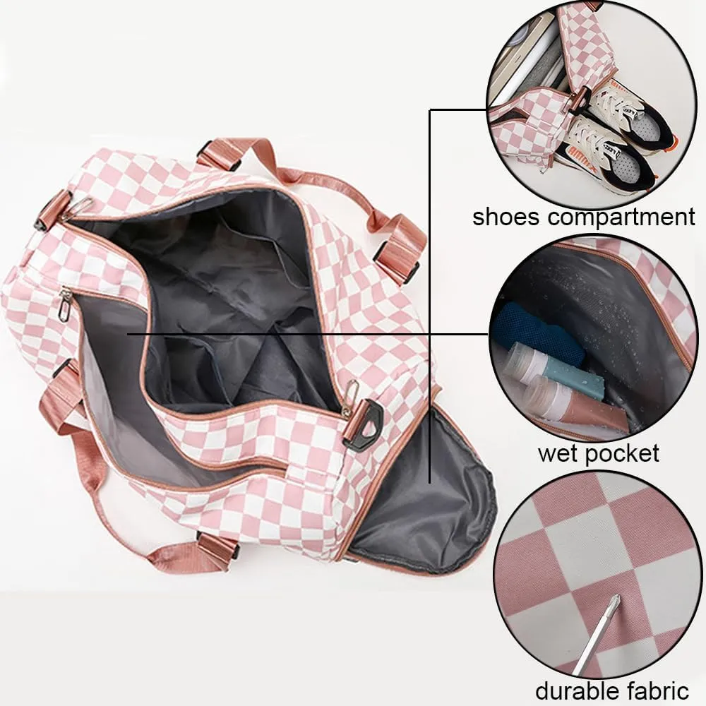Checkered Gym Bag with Shoes Compartment & Wet Pocket, Sports Bags for Women/Men, Dance Bag for Girls, Travel Overnight Bag Weekender Bag (grey)