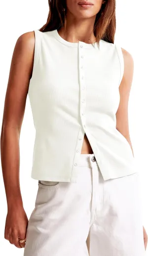 Cioatin Women Ribbed Button Down Tank Tops Sleeveless Crew Neck Slim Fit Open Front Crop Vest Going Out Y2K Clothes