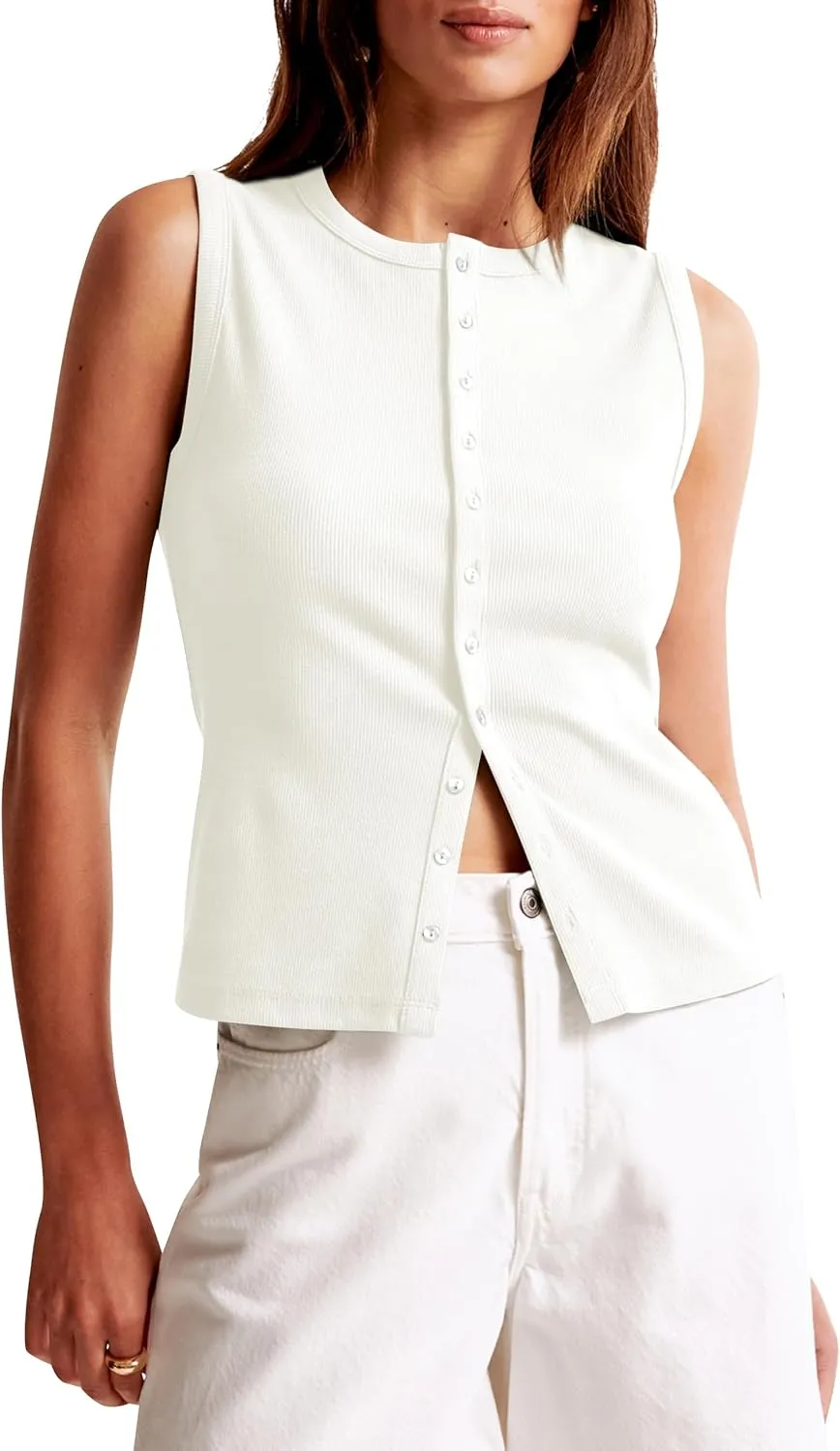 Cioatin Women Ribbed Button Down Tank Tops Sleeveless Crew Neck Slim Fit Open Front Crop Vest Going Out Y2K Clothes