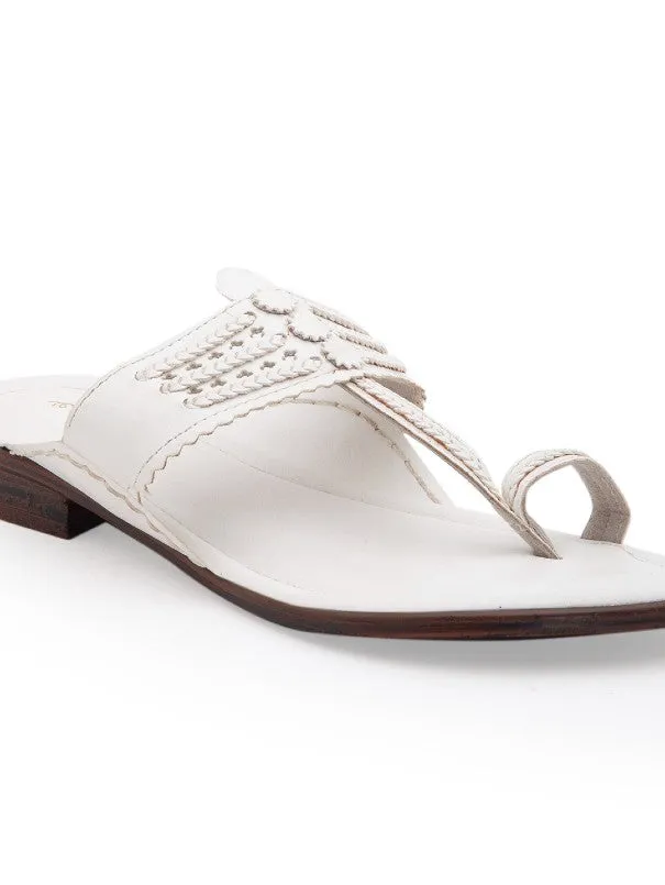 Classic Kolhas - White Handcrafted Traditional Kolhapuri Flats