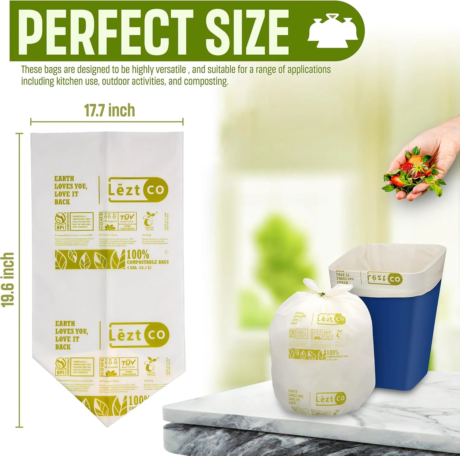 Compostable Garbage Bags | 13 Gallons, 50 Count, 31.5" x 23.6" | Waste Disposal bags for Kitchen | Plant-Based Star Saled Bags | Indoor & Outdoor | Food Scrap Waste Bags