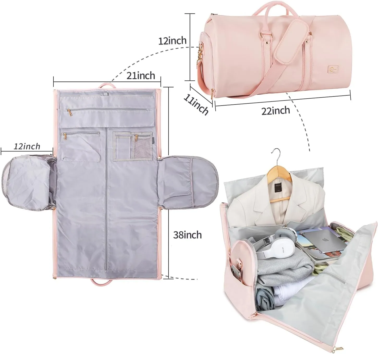 Convertible Carry on Garment Bag for Women,Leather Garment Bags for Travel with Shoe Pouch 2 in 1 Hanging Suitcase Suit Bag for Women Travel Bags for Women Duffle Bag Garment Bag Gifts for Women Pink