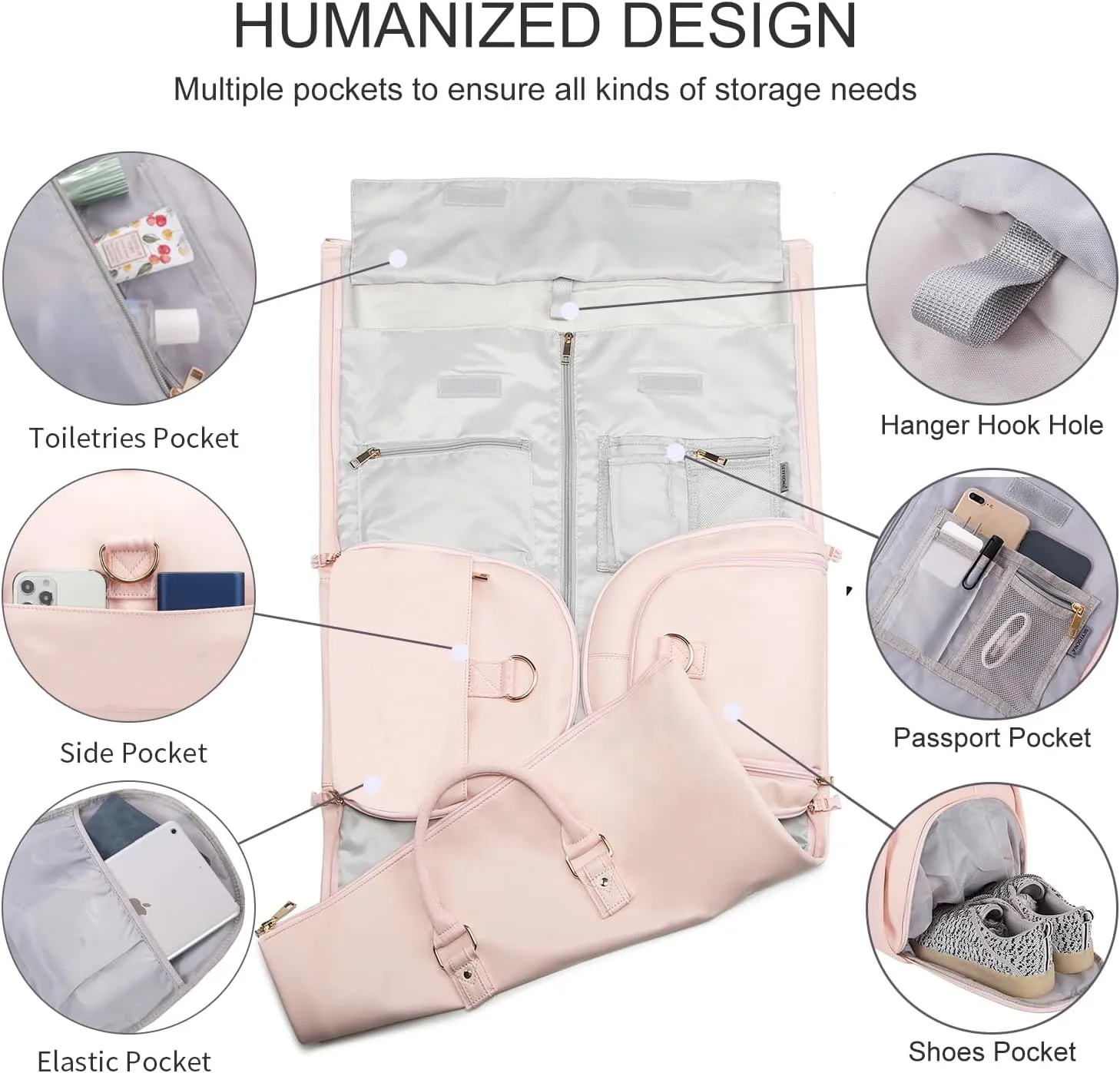 Convertible Carry on Garment Bag for Women,Leather Garment Bags for Travel with Shoe Pouch 2 in 1 Hanging Suitcase Suit Bag for Women Travel Bags for Women Duffle Bag Garment Bag Gifts for Women Pink