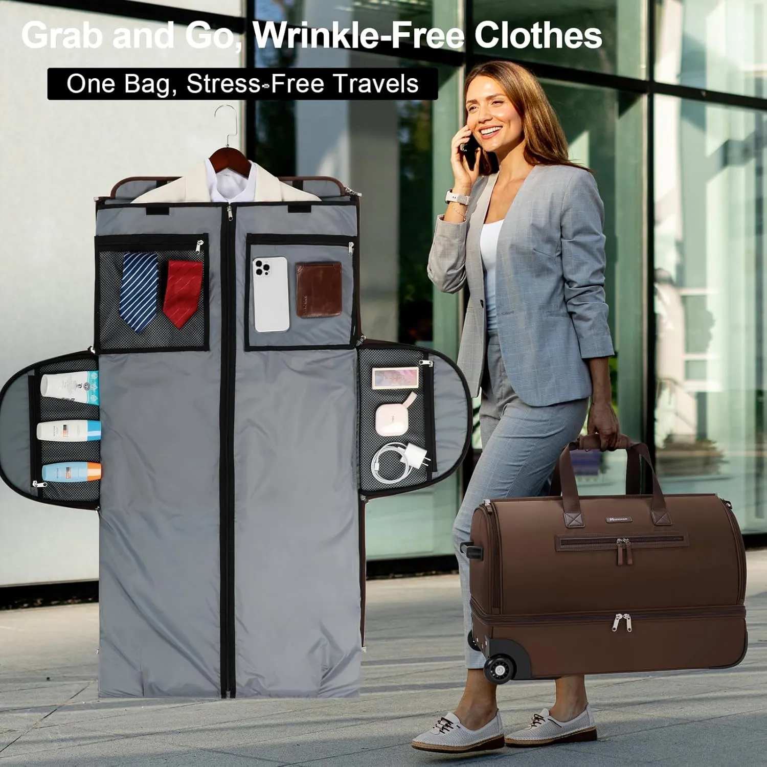 Convertible Rolling Garment Bag for Travel, Suit Travel Bag with Trolley, Garment Duffel Bag with Wheels & Shoes Compartment for Business Trip, Weekender,Brown