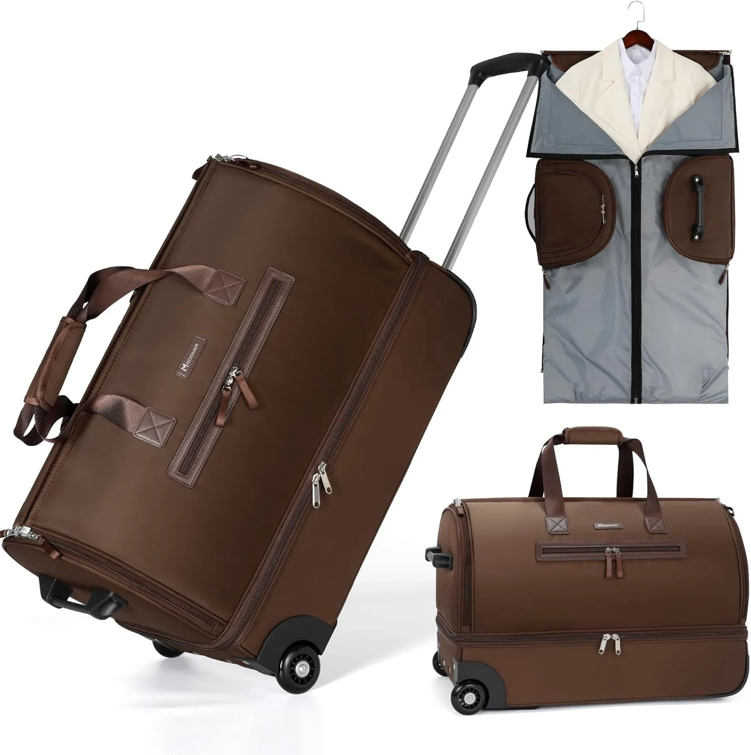 Convertible Rolling Garment Bag for Travel, Suit Travel Bag with Trolley, Garment Duffel Bag with Wheels & Shoes Compartment for Business Trip, Weekender,Brown