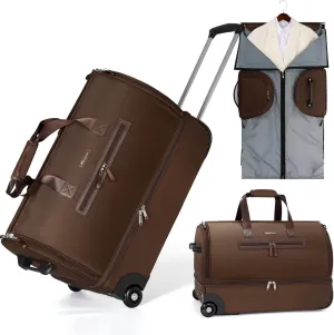 Convertible Rolling Garment Bag for Travel, Suit Travel Bag with Trolley, Garment Duffel Bag with Wheels & Shoes Compartment for Business Trip, Weekender,Brown