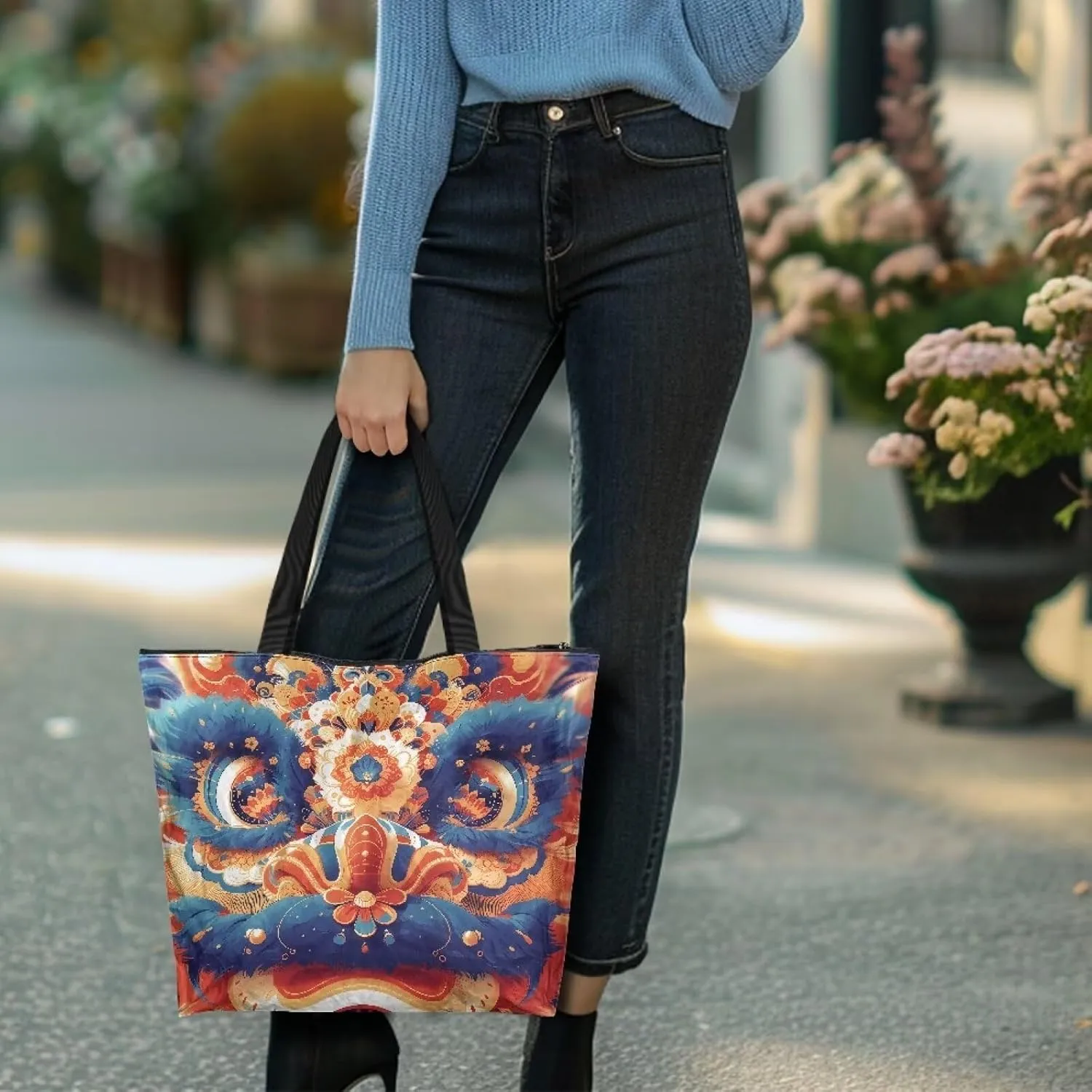 Corgi Dog Foldable Tote Bags, Daisy Flower Plum Blossom Handbag, Ethnic Tribal Stripe Reusable Paper Commute Bag
