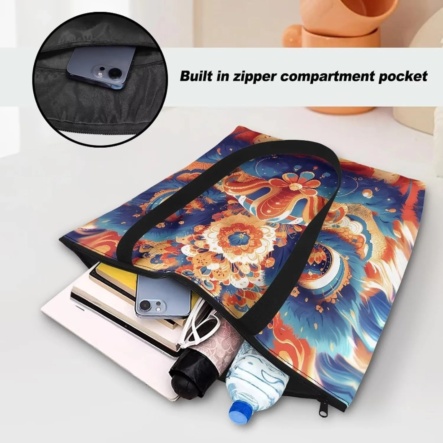 Corgi Dog Foldable Tote Bags, Daisy Flower Plum Blossom Handbag, Ethnic Tribal Stripe Reusable Paper Commute Bag