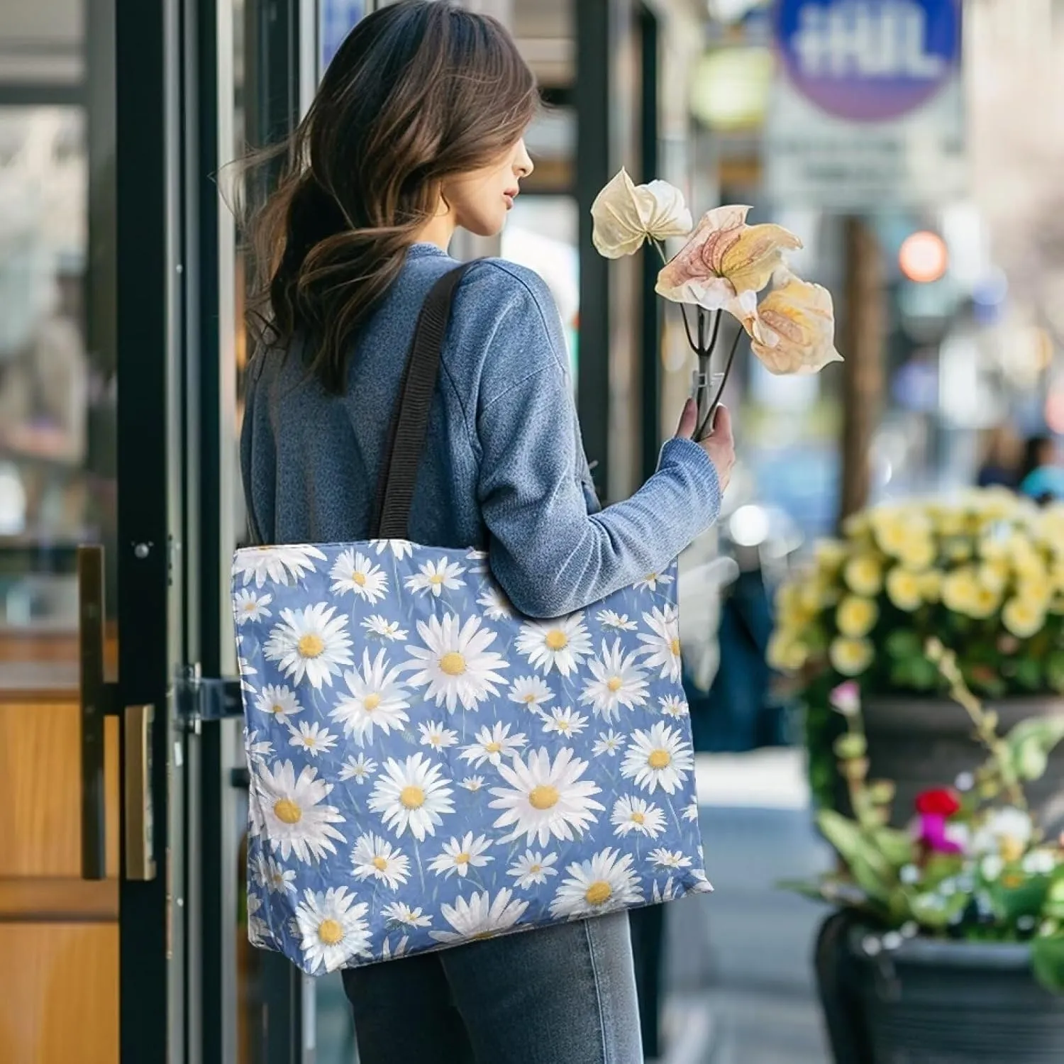 Corgi Dog Foldable Tote Bags, Daisy Flower Plum Blossom Handbag, Ethnic Tribal Stripe Reusable Paper Commute Bag