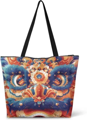 Corgi Dog Foldable Tote Bags, Daisy Flower Plum Blossom Handbag, Ethnic Tribal Stripe Reusable Paper Commute Bag