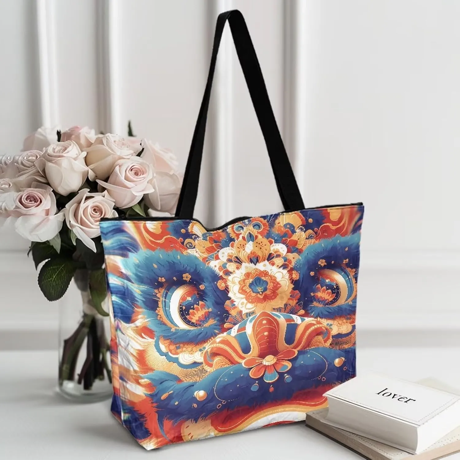 Corgi Dog Foldable Tote Bags, Daisy Flower Plum Blossom Handbag, Ethnic Tribal Stripe Reusable Paper Commute Bag