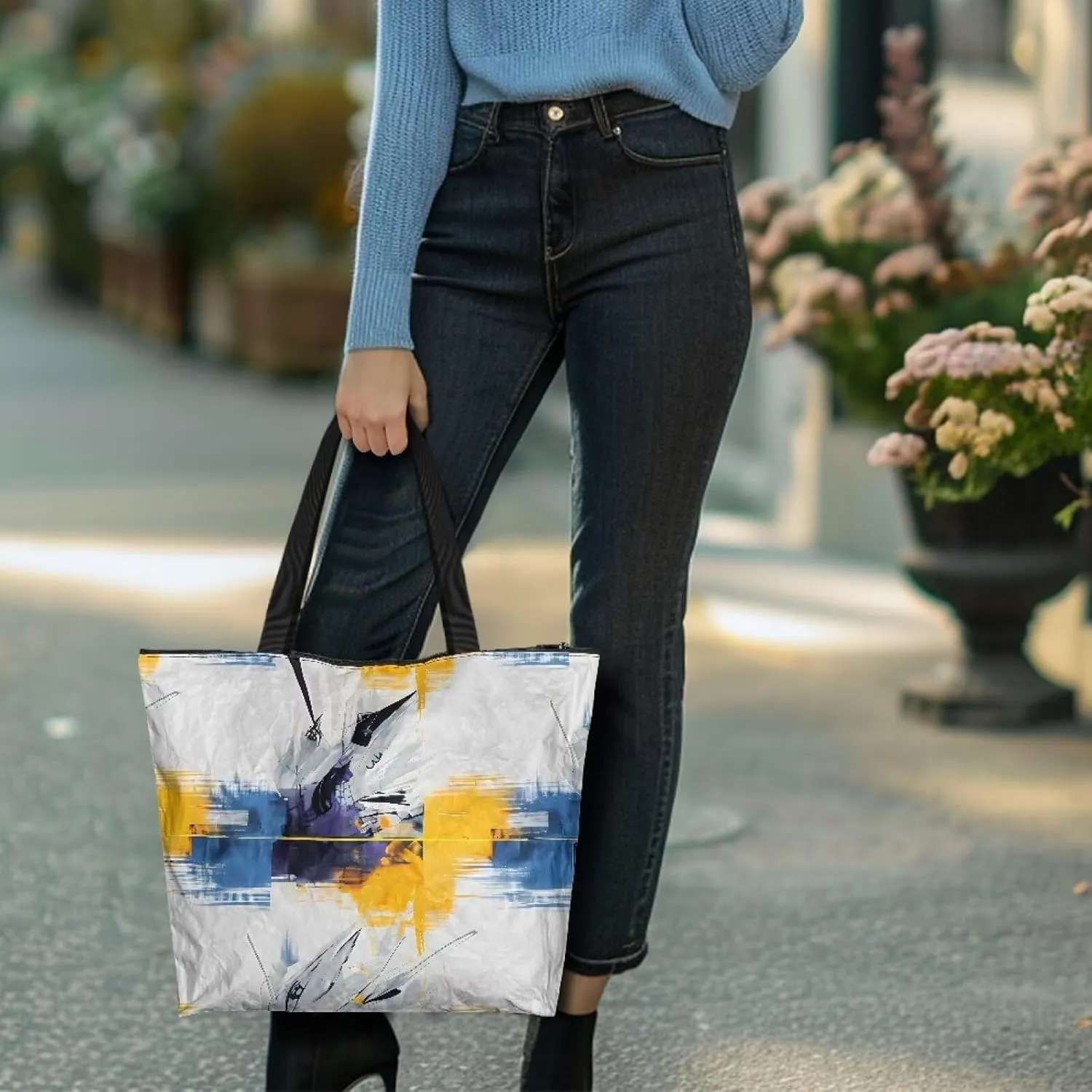 Corgi Dog Foldable Tote Bags, Daisy Flower Plum Blossom Handbag, Ethnic Tribal Stripe Reusable Paper Commute Bag