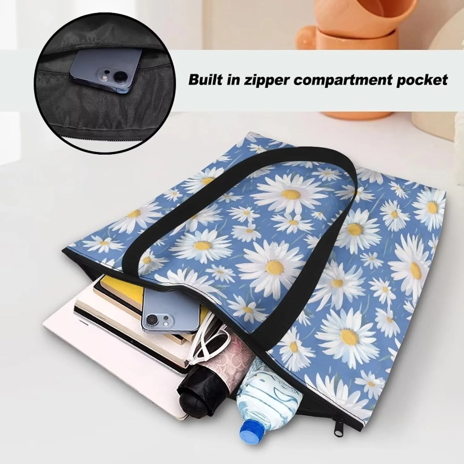 Corgi Dog Foldable Tote Bags, Daisy Flower Plum Blossom Handbag, Ethnic Tribal Stripe Reusable Paper Commute Bag