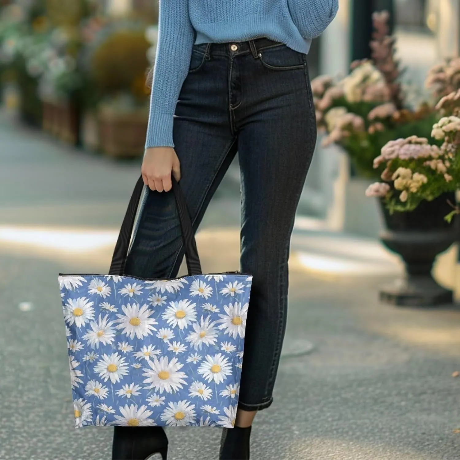 Corgi Dog Foldable Tote Bags, Daisy Flower Plum Blossom Handbag, Ethnic Tribal Stripe Reusable Paper Commute Bag