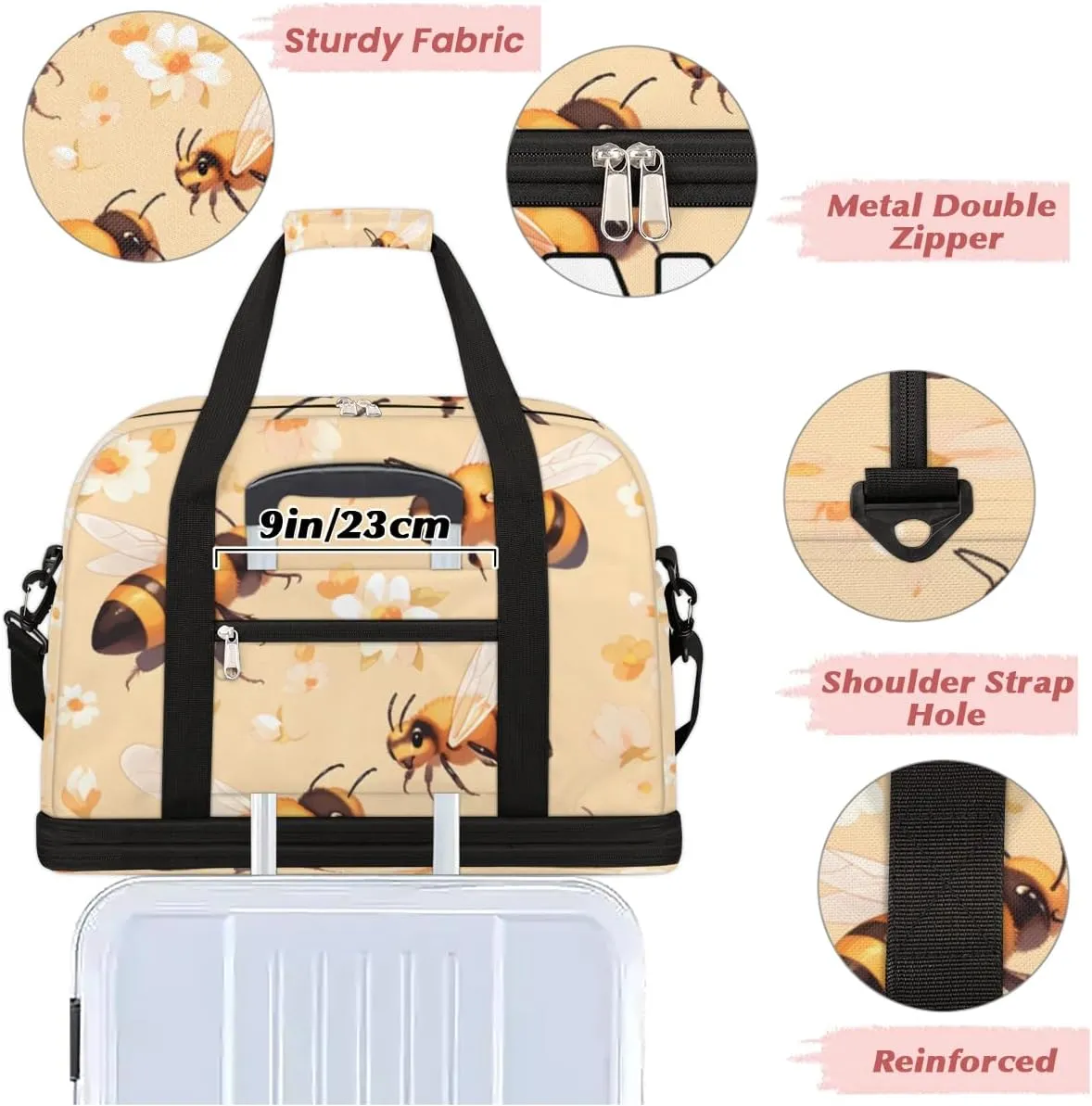 Cute Bee Print Custom Foldable Duffle Bag with Shoes Compartment Personalized Large Capacity Waterproof Travel Weekender Bag Overnight Bag for Sports Gym