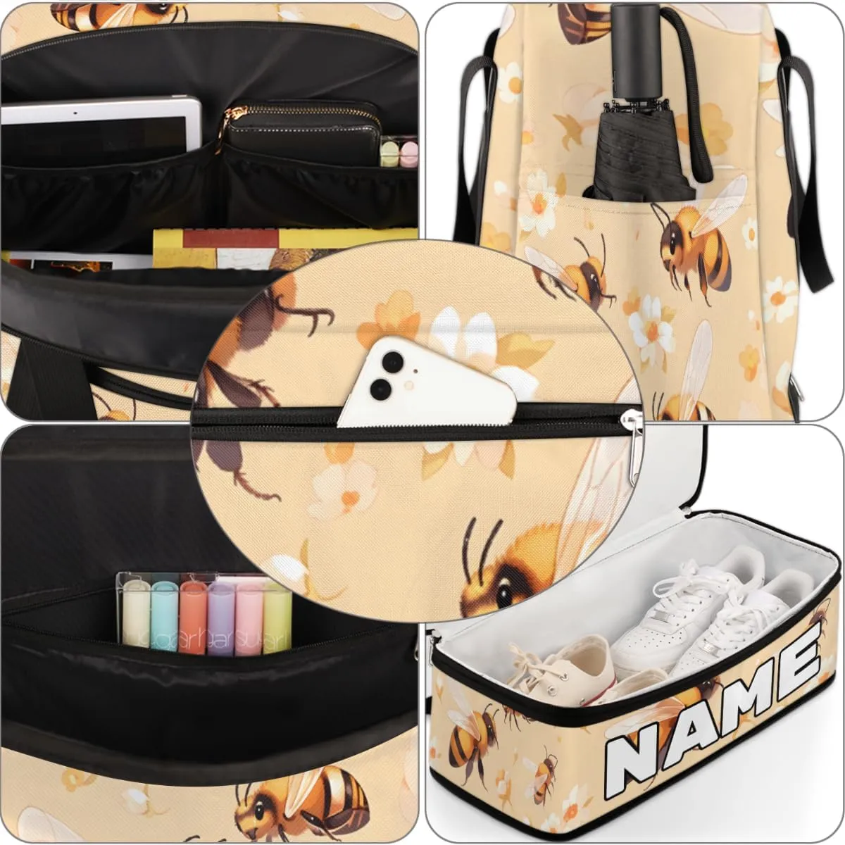 Cute Bee Print Custom Foldable Duffle Bag with Shoes Compartment Personalized Large Capacity Waterproof Travel Weekender Bag Overnight Bag for Sports Gym