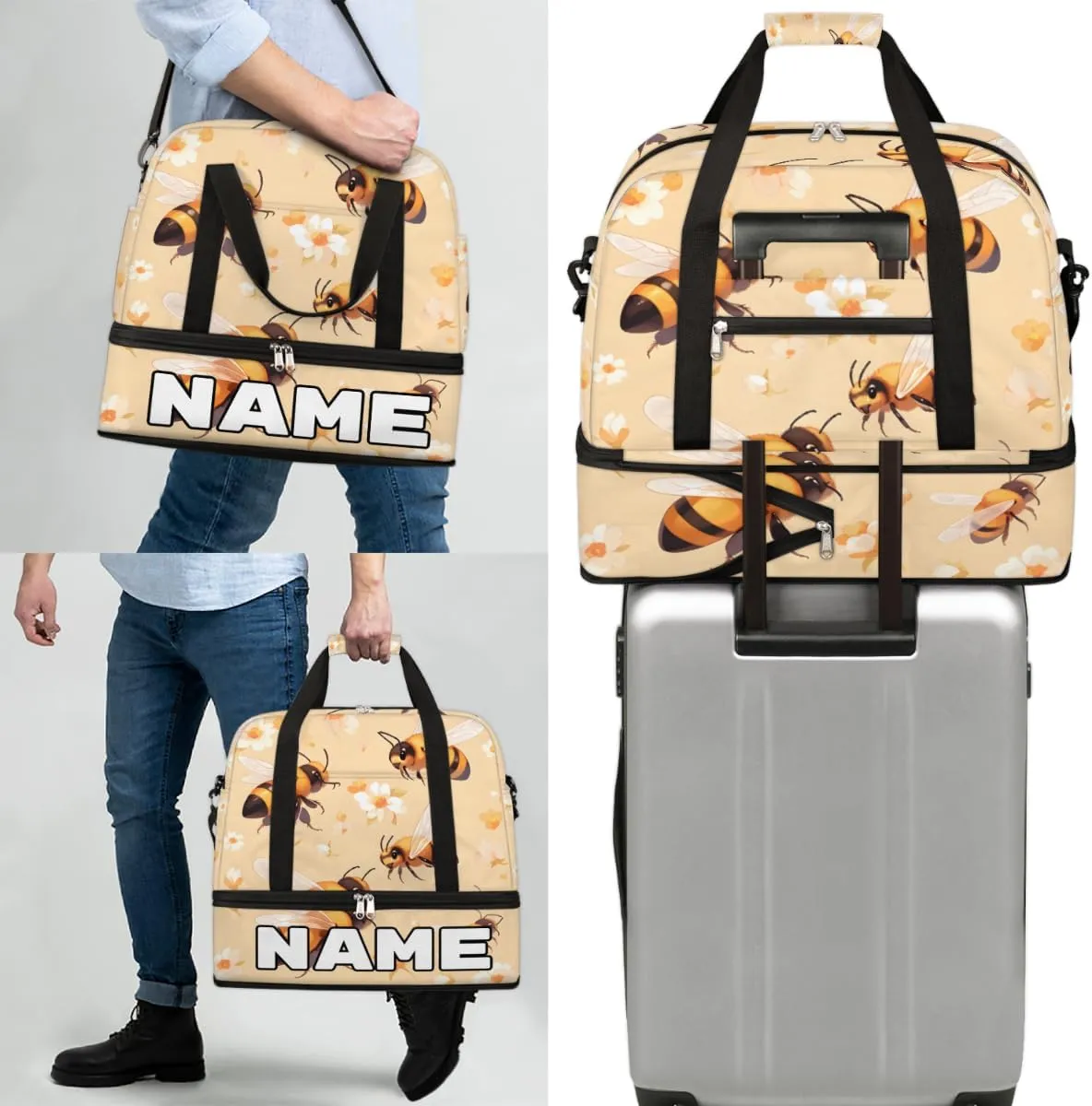 Cute Bee Print Custom Foldable Duffle Bag with Shoes Compartment Personalized Large Capacity Waterproof Travel Weekender Bag Overnight Bag for Sports Gym