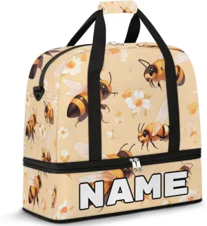Cute Bee Print Custom Foldable Duffle Bag with Shoes Compartment Personalized Large Capacity Waterproof Travel Weekender Bag Overnight Bag for Sports Gym