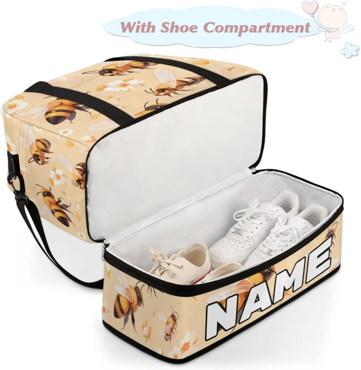Cute Bee Print Custom Foldable Duffle Bag with Shoes Compartment Personalized Large Capacity Waterproof Travel Weekender Bag Overnight Bag for Sports Gym