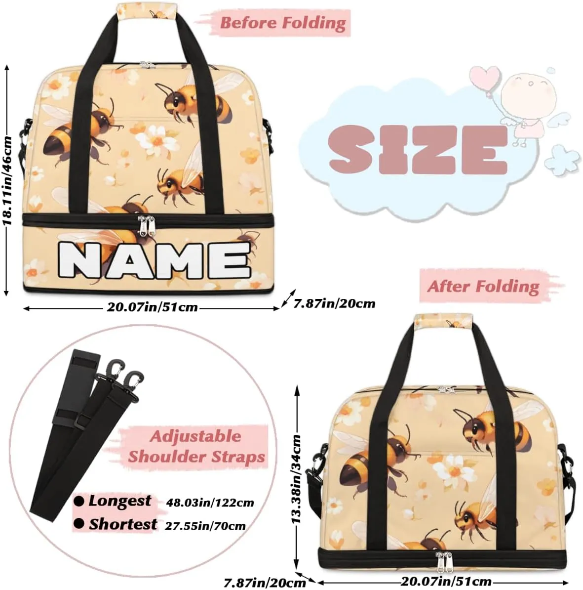 Cute Bee Print Custom Foldable Duffle Bag with Shoes Compartment Personalized Large Capacity Waterproof Travel Weekender Bag Overnight Bag for Sports Gym