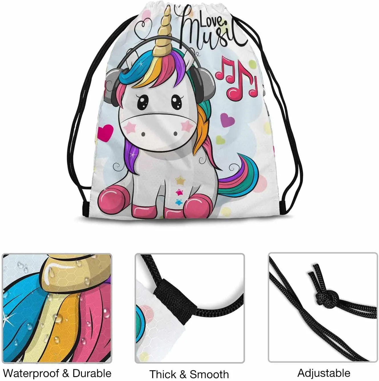 Cute Cartoon Unicorn Wear Headphones Hear Love Music Heart Gym Backpack Lightweight Waterproof Sports Backpack Stroage Shoes Ball