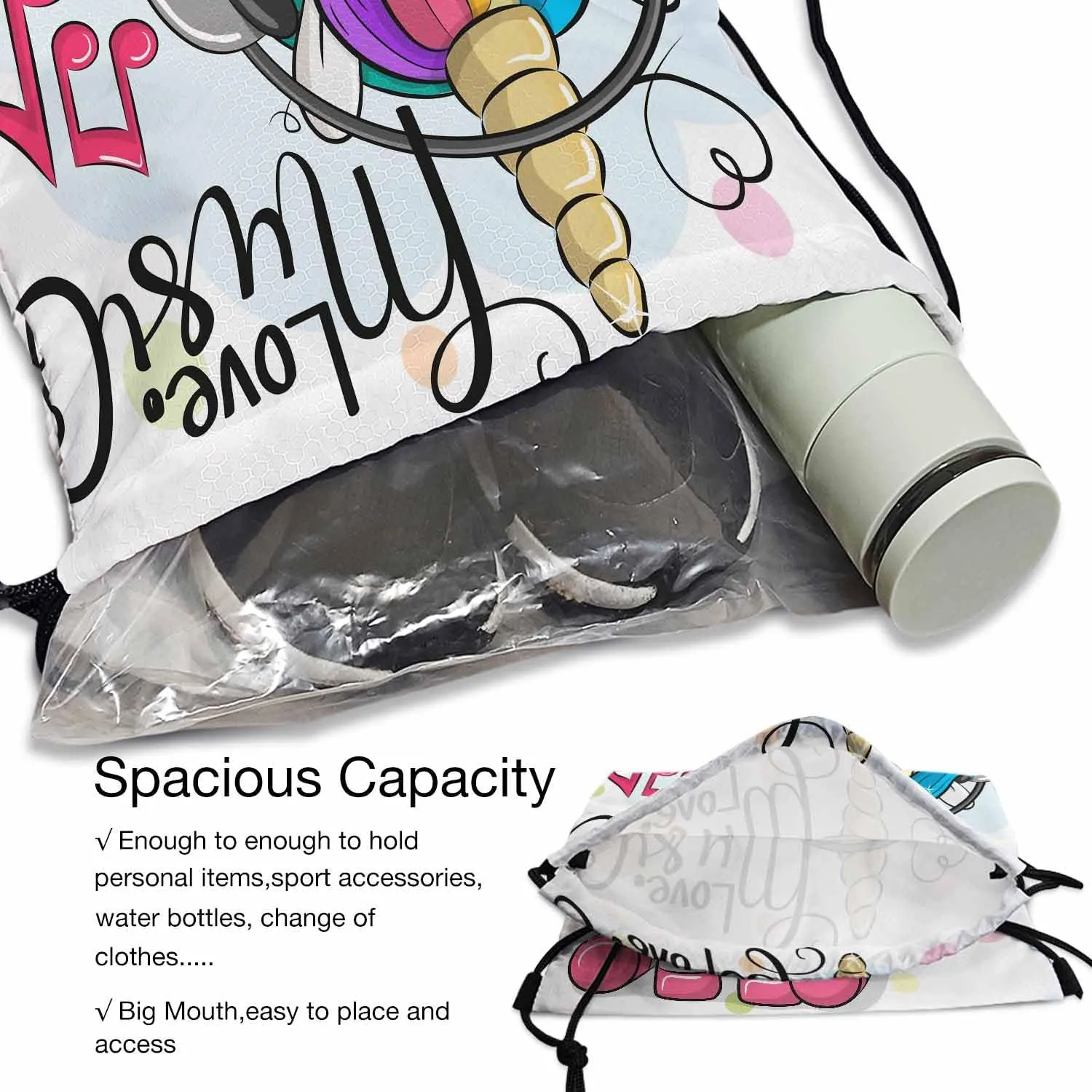 Cute Cartoon Unicorn Wear Headphones Hear Love Music Heart Gym Backpack Lightweight Waterproof Sports Backpack Stroage Shoes Ball