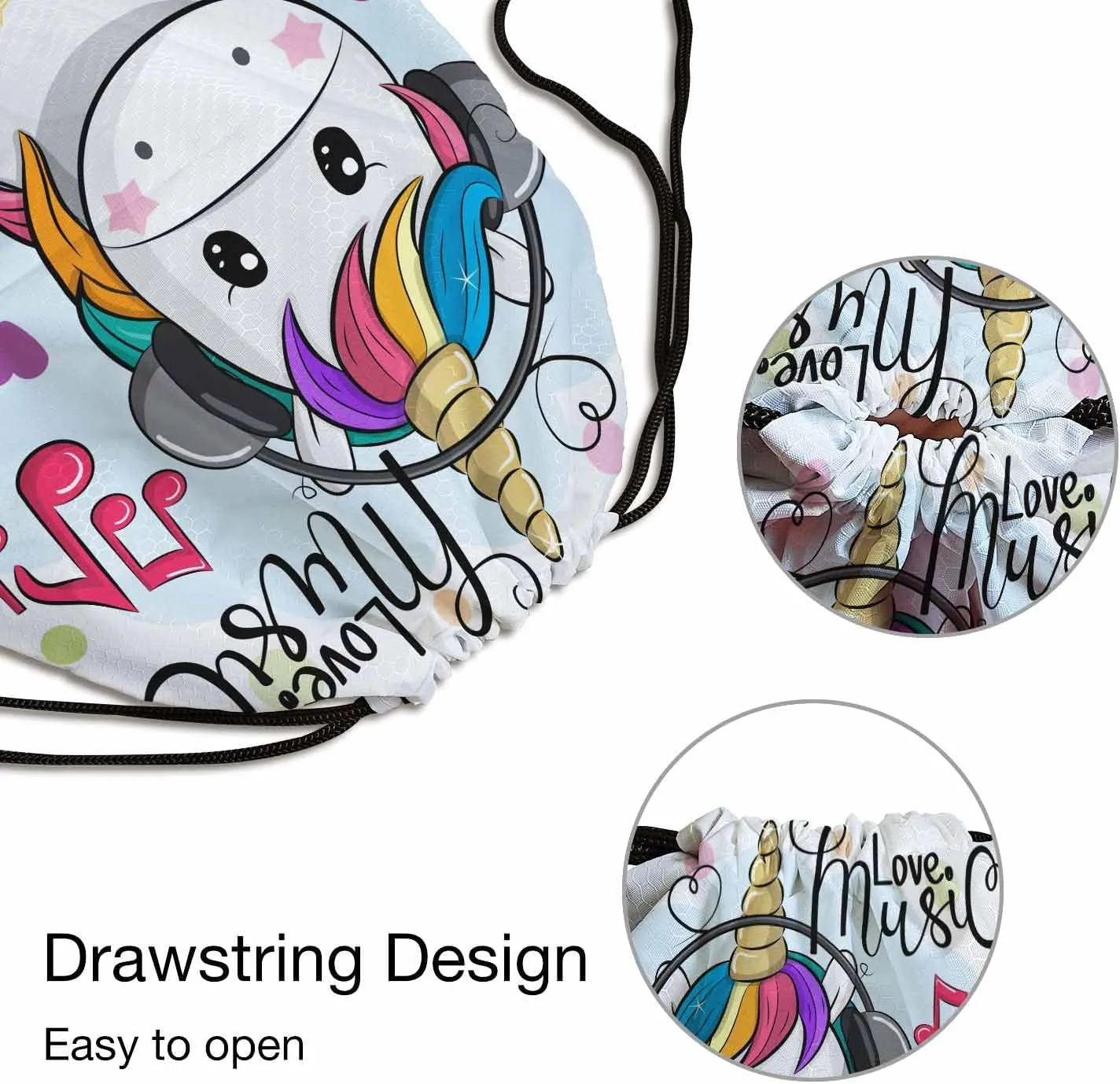 Cute Cartoon Unicorn Wear Headphones Hear Love Music Heart Gym Backpack Lightweight Waterproof Sports Backpack Stroage Shoes Ball