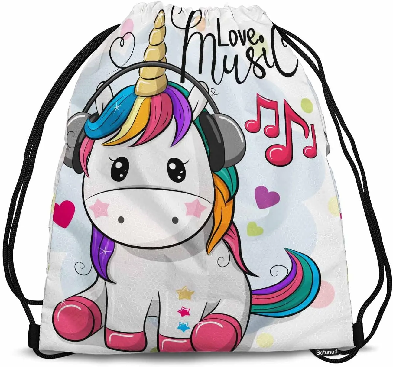 Cute Cartoon Unicorn Wear Headphones Hear Love Music Heart Gym Backpack Lightweight Waterproof Sports Backpack Stroage Shoes Ball