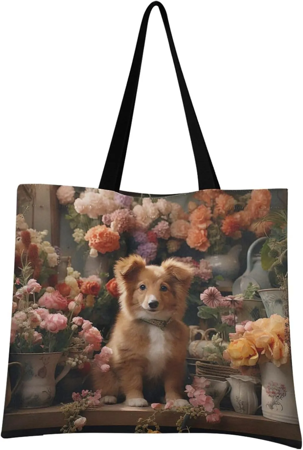 Cute Dog Puppy Animals Rose Tote Bag for Women Canvas Shoulder Handbags Reusable Grocery Bags Large Purse with Inner Pocket 214a6851