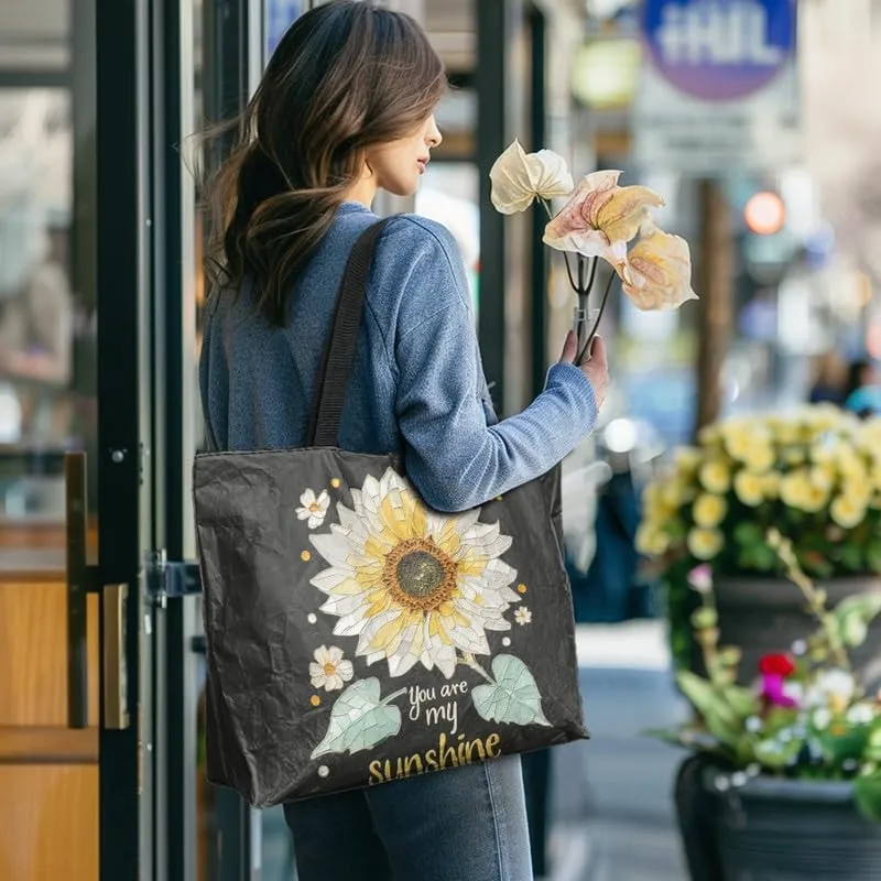 Daisy Flower Eco-Friendly Paper Tote Bag, French Bulldog Collie Dog Reusable Handbag Leopard Tote Bag for Women