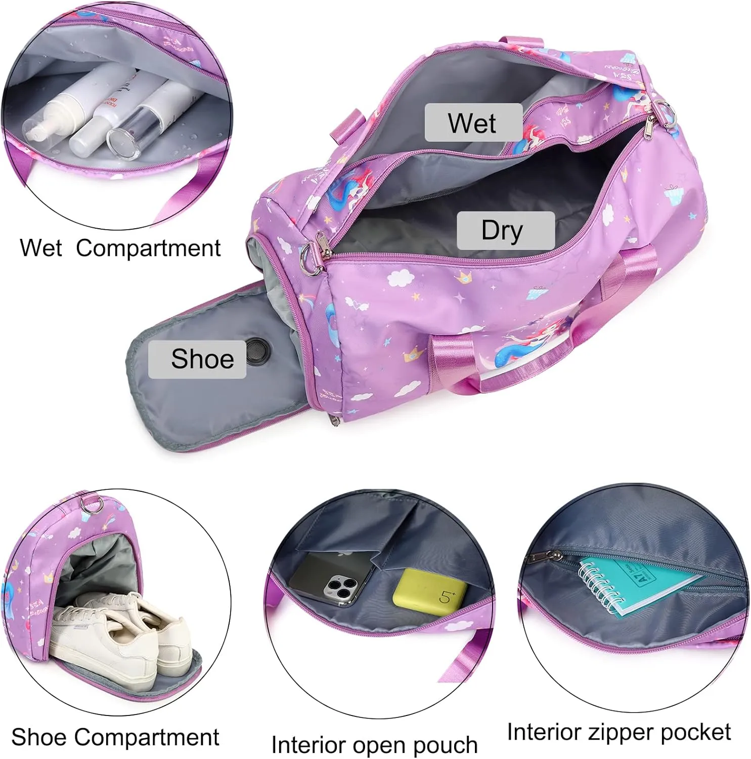 Dance Bag for Girls Duffle Bag Gymnastics Gym Bag Overnight Travel Bag Sports Ballet Bag Weekender Sleepover Carry On Bag with Shoes Compartment