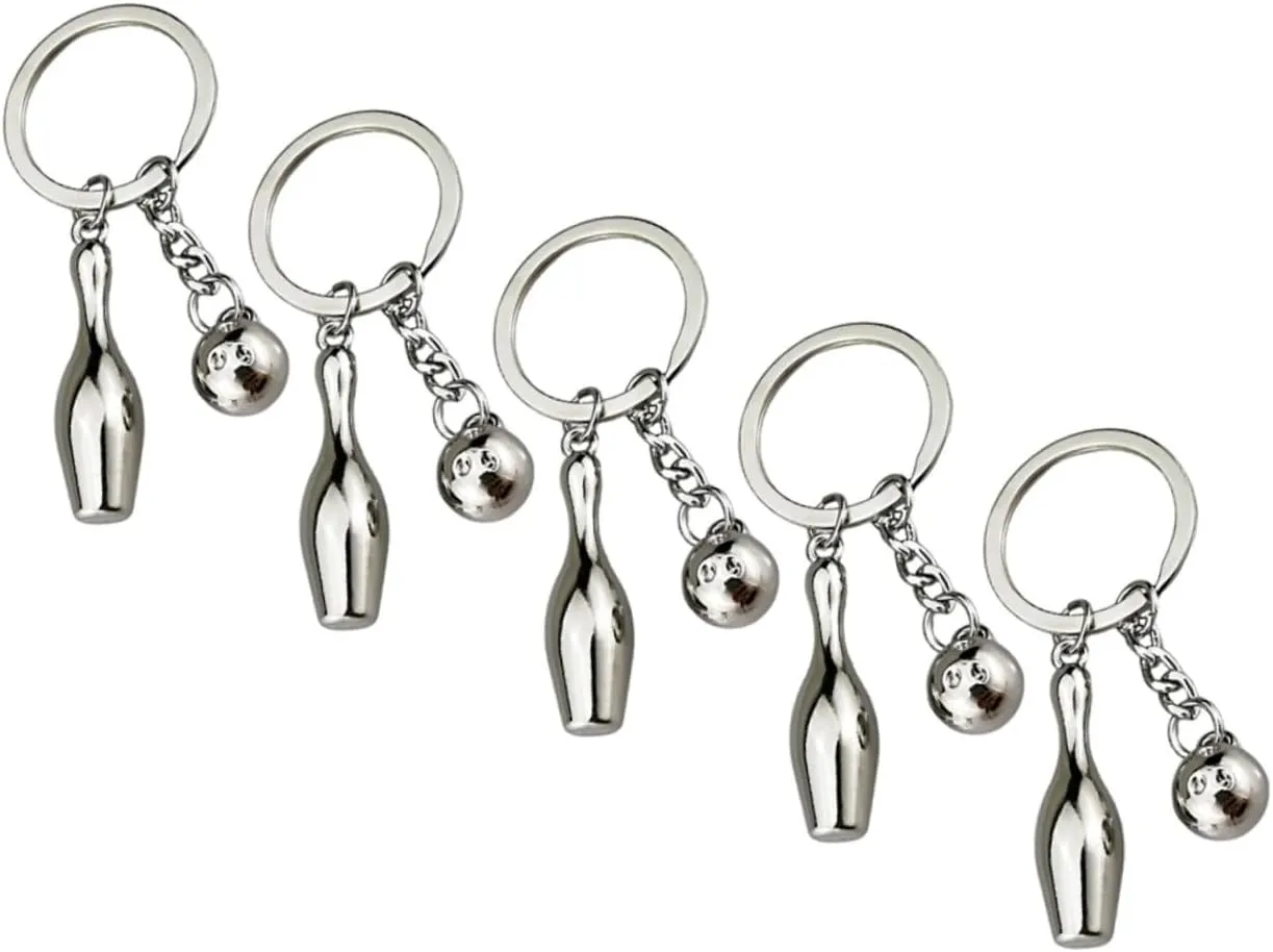DECHOUS 5pcs Mini Bowling Pin Keychains Silver Bowling Ball Keychain Accessories for Sports Fans