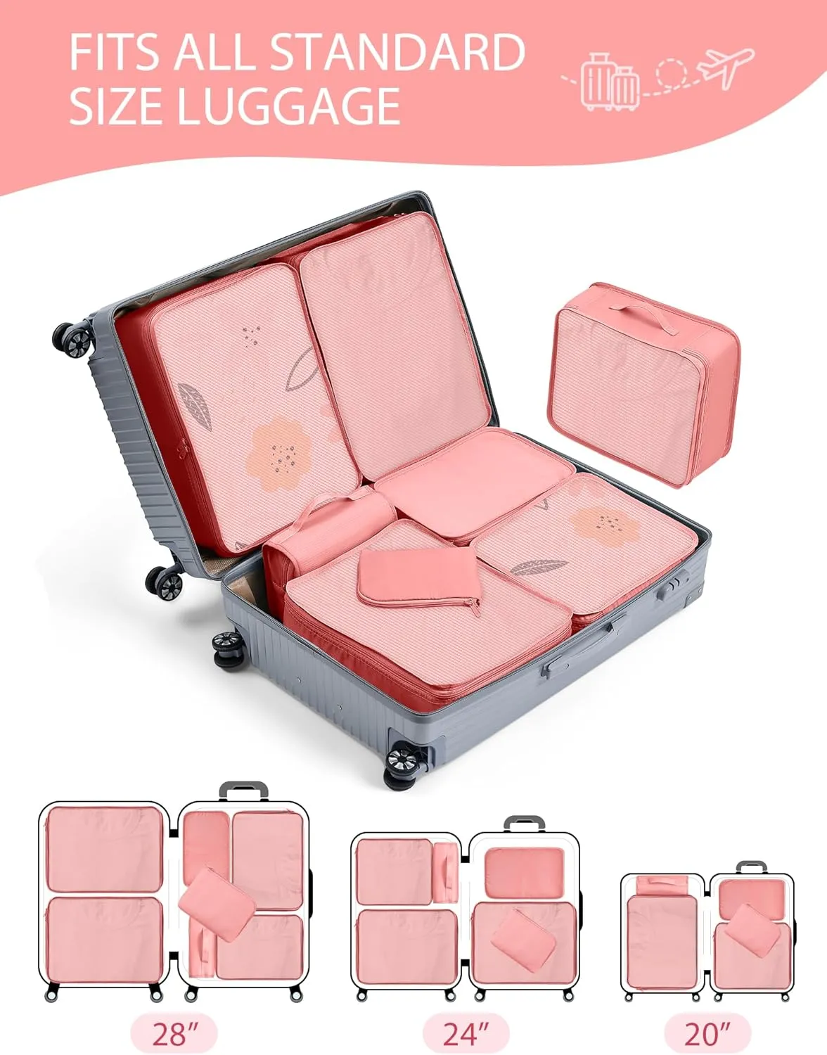 DIMJ Packing Cubes 8 Pcs - Travel Cubes for Suitcase Lightweight Travel Essential Bag with Large Toiletries Bag for Clothes Shoes Cosmetics Toiletries (Pink)