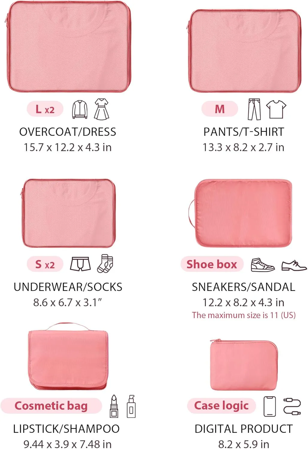 DIMJ Packing Cubes 8 Pcs - Travel Cubes for Suitcase Lightweight Travel Essential Bag with Large Toiletries Bag for Clothes Shoes Cosmetics Toiletries (Pink)