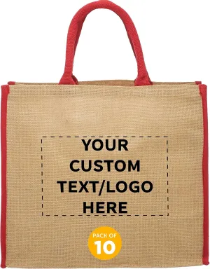 DISCOUNT PROMOS Custom Fresno Eco Friendly Jute Tote Bags Set of 10, Personalized Bulk Pack - Reusable, Great for Tradeshows, Grocery, Shopping and Outdoor Events - Red