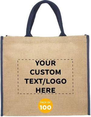 DISCOUNT PROMOS Custom Fresno Eco Friendly Jute Tote Bags Set of 100, Personalized Bulk Pack - Reusable, Great for Tradeshows, Grocery, Shopping and Outdoor Events - Blue