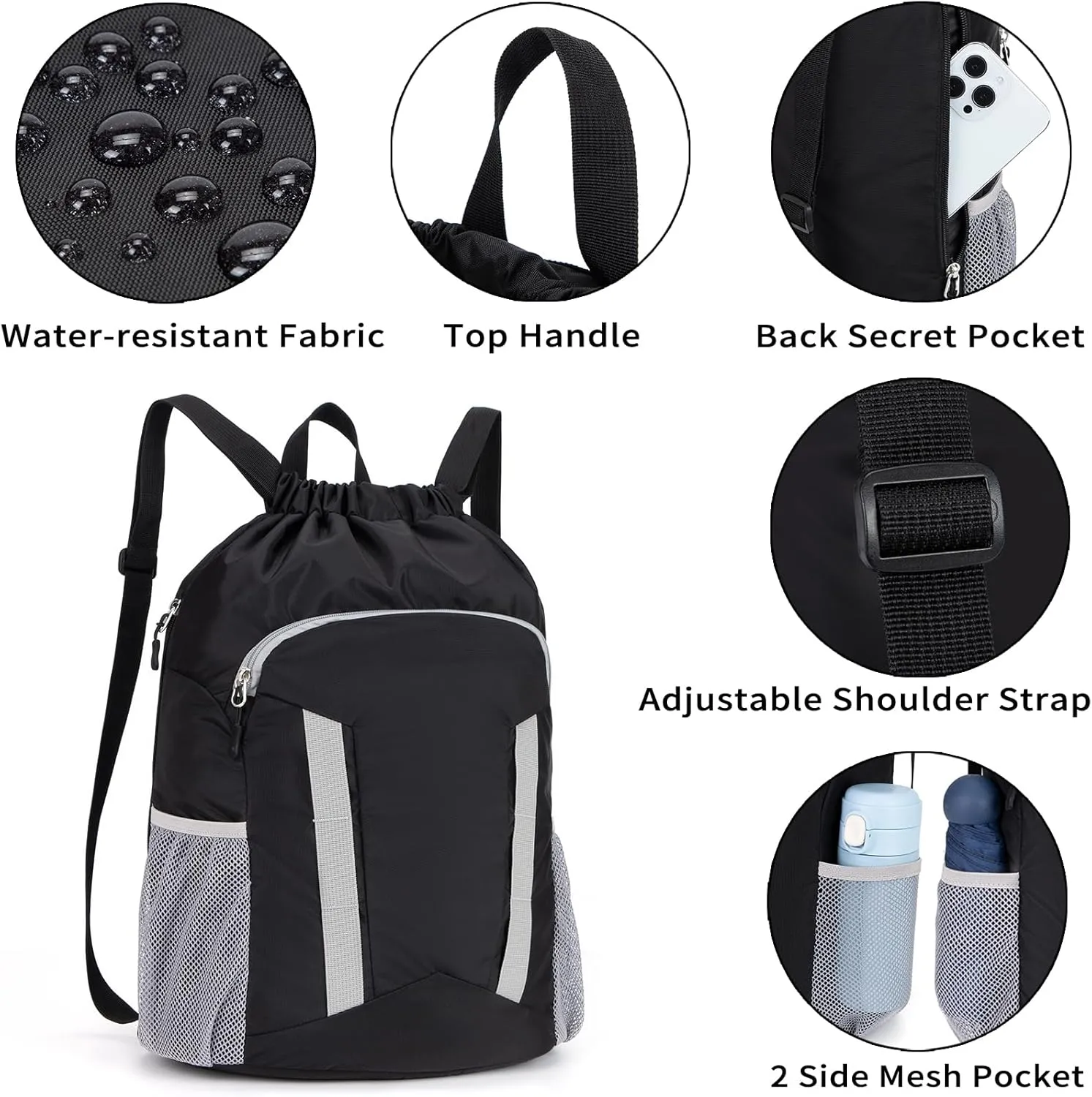 Drawstring Backpack for Kids Sports Gym Bag with Shoes Compartment, Water Resistant Beach Swim Bag String Backpack for Boys and Girls, Black