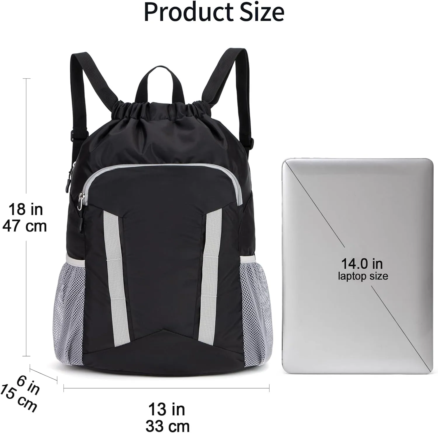 Drawstring Backpack for Kids Sports Gym Bag with Shoes Compartment, Water Resistant Beach Swim Bag String Backpack for Boys and Girls, Black
