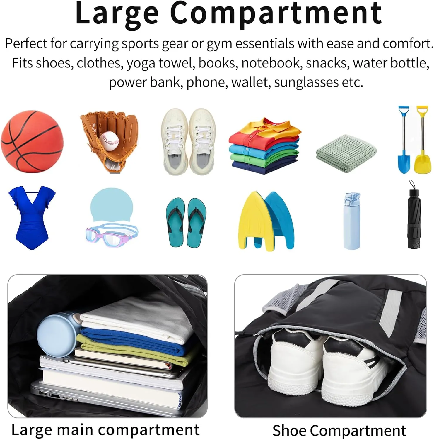 Drawstring Backpack for Kids Sports Gym Bag with Shoes Compartment, Water Resistant Beach Swim Bag String Backpack for Boys and Girls, Black