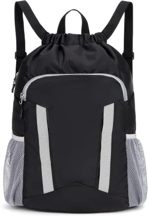 Drawstring Backpack for Kids Sports Gym Bag with Shoes Compartment, Water Resistant Beach Swim Bag String Backpack for Boys and Girls, Black