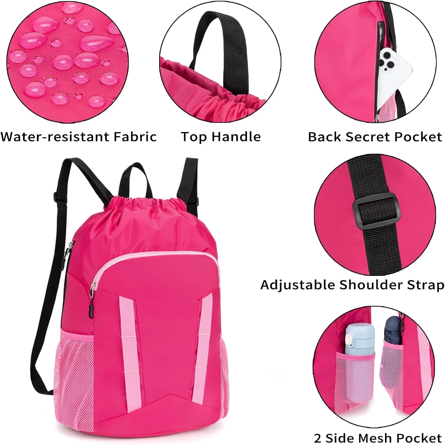 Drawstring Backpack for Kids Sports Gym Bag with Shoes Compartment, Water Resistant Beach Swim Bag String Backpack for Girls and Boys, Pink