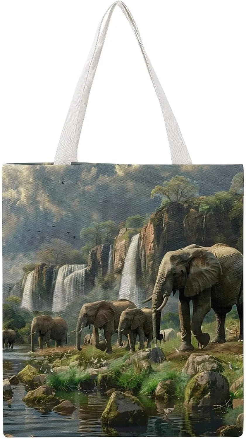 Elephants Walking Along Edge River Canvas Tote Bag Casual Handbags Grocery Shopping Purses Work Bag for Women