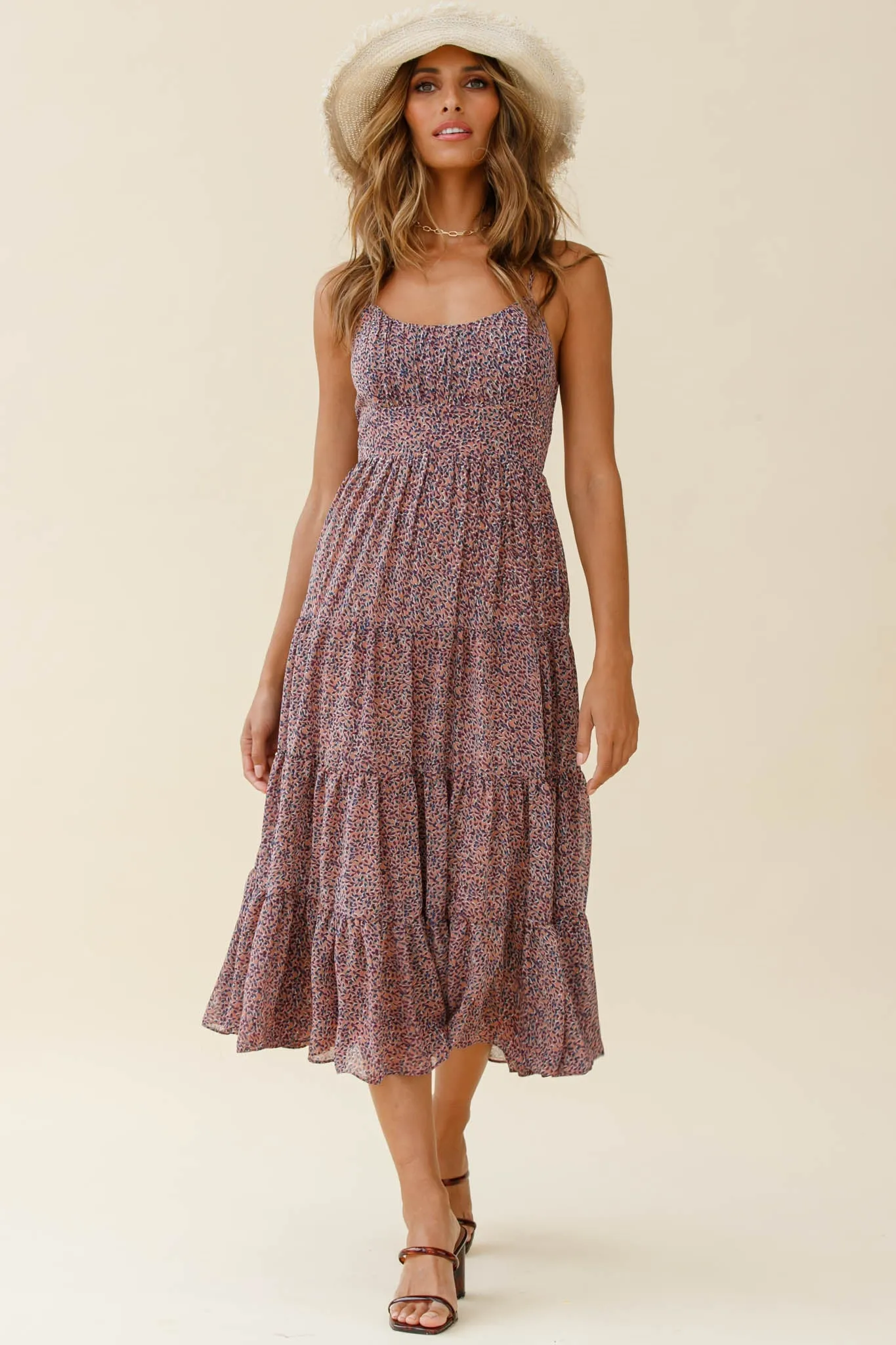 Eternal Sunshine Gathered Bust Midi Dress Leaf Print Purple Multi