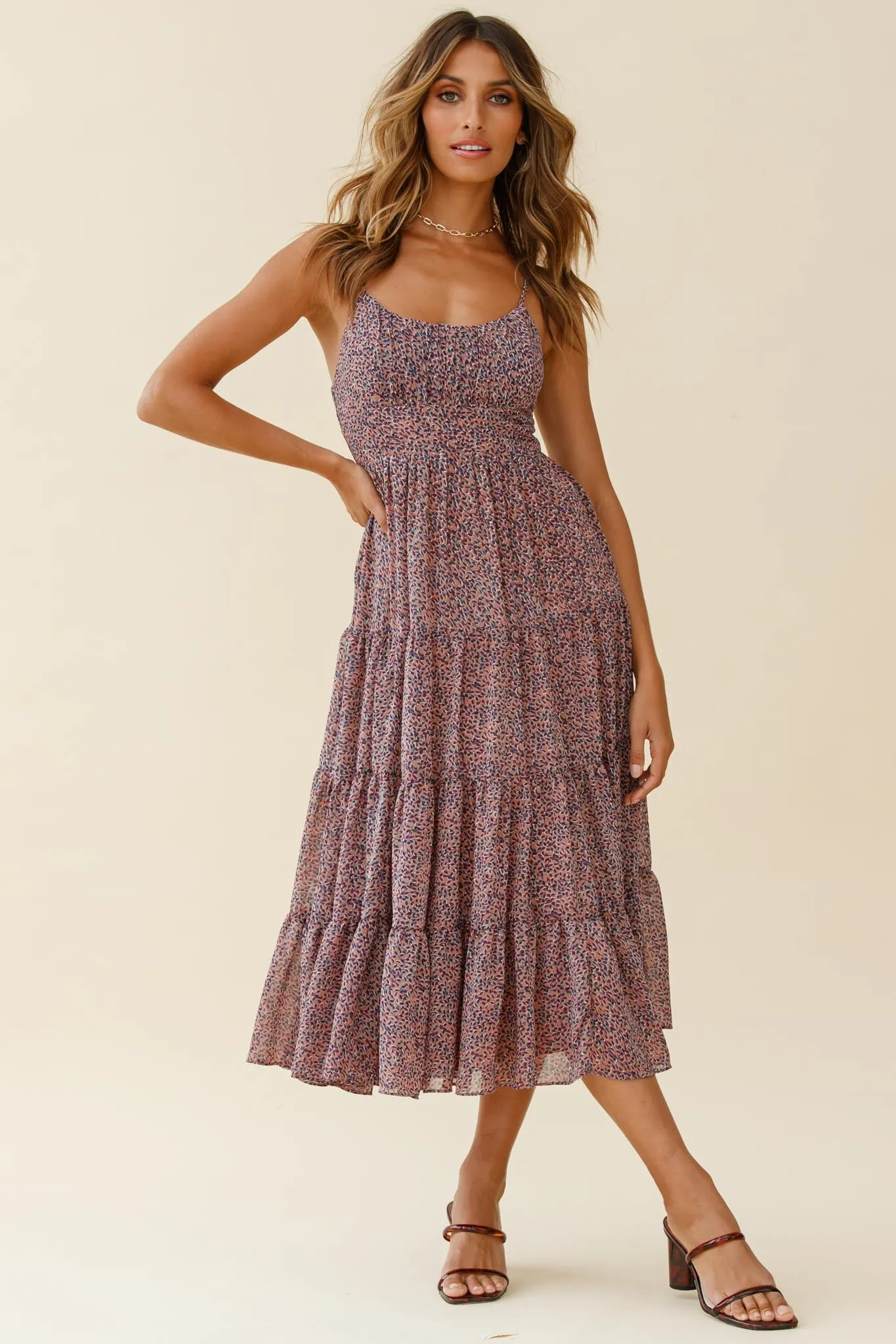 Eternal Sunshine Gathered Bust Midi Dress Leaf Print Purple Multi