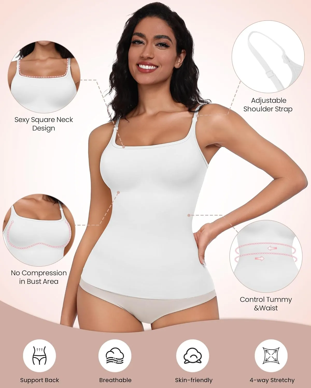 EUYZOU Women Shapewear Tummy Control Camisole Tops - Square Neck Sexy Compression Tank Tops Seamless Body Shaper