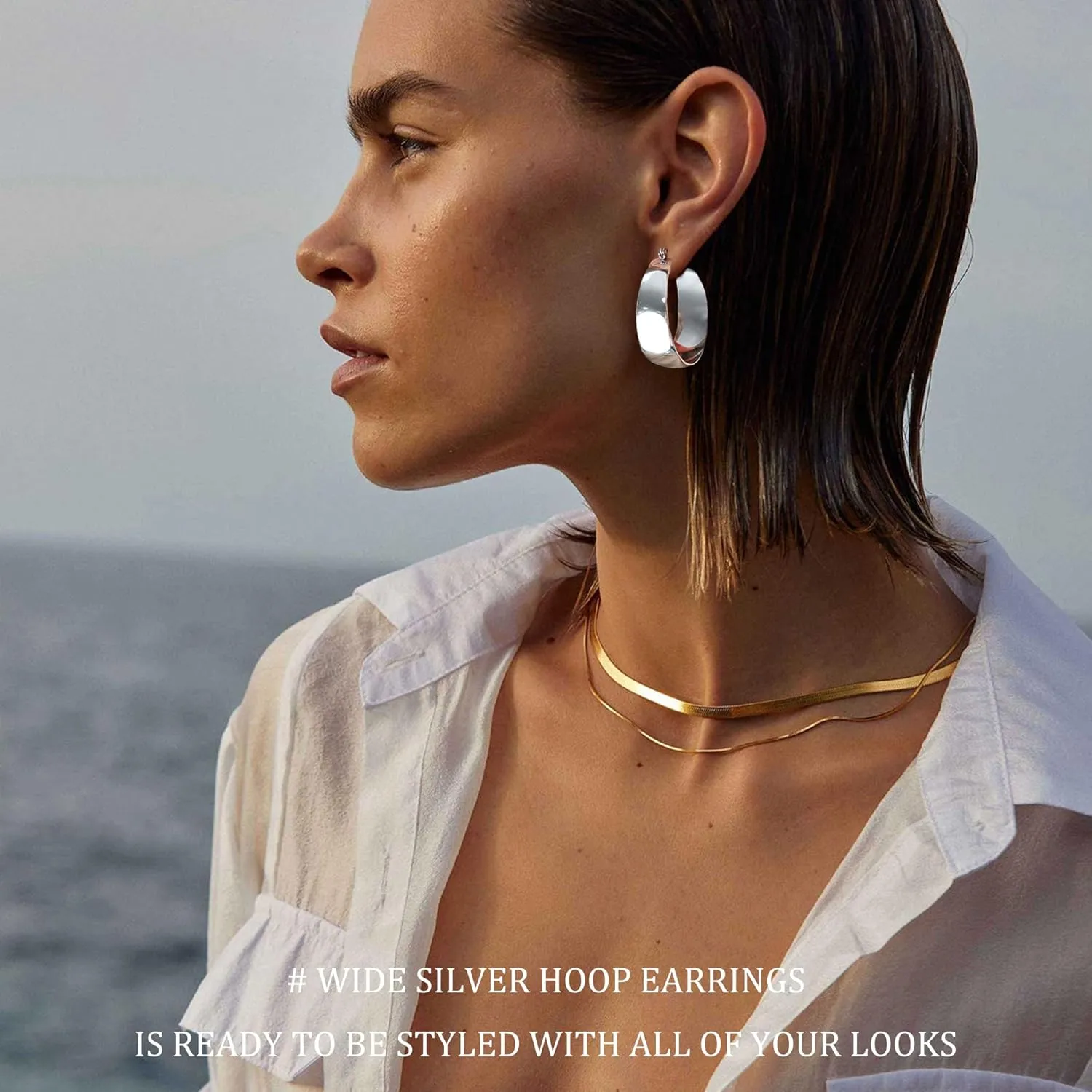 EXGOX Gold Hoop Earrings for Women Sterling Silver Post Hoops Earrings for Women Wide Thick Silver Hoop Earrings Hypoallergenic Lightweight 14k Real Gold Plated Hoop Large Earrings (25/30/40/50MM)