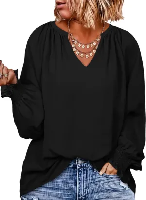 Eytino Womens Plus Size Tops Sexy V Neck Smocked Long Sleeve Casual Chiffon Blouse Flowy Work Shirts(1X-5X)