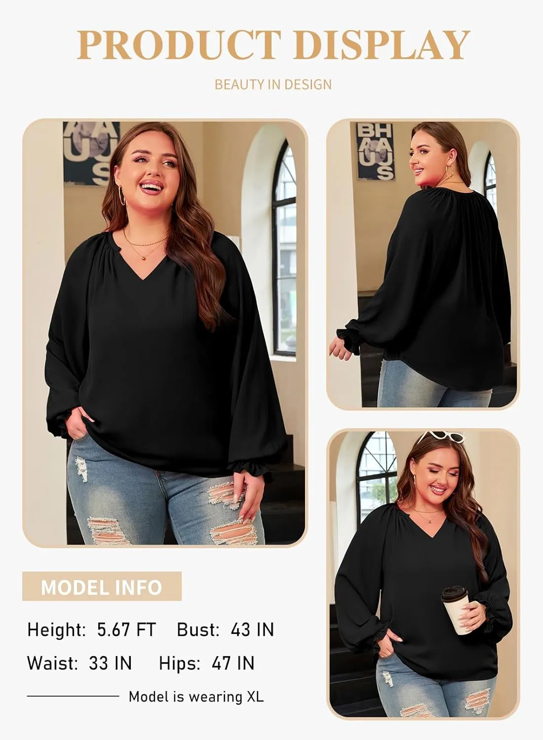 Eytino Womens Plus Size Tops Sexy V Neck Smocked Long Sleeve Casual Chiffon Blouse Flowy Work Shirts(1X-5X)