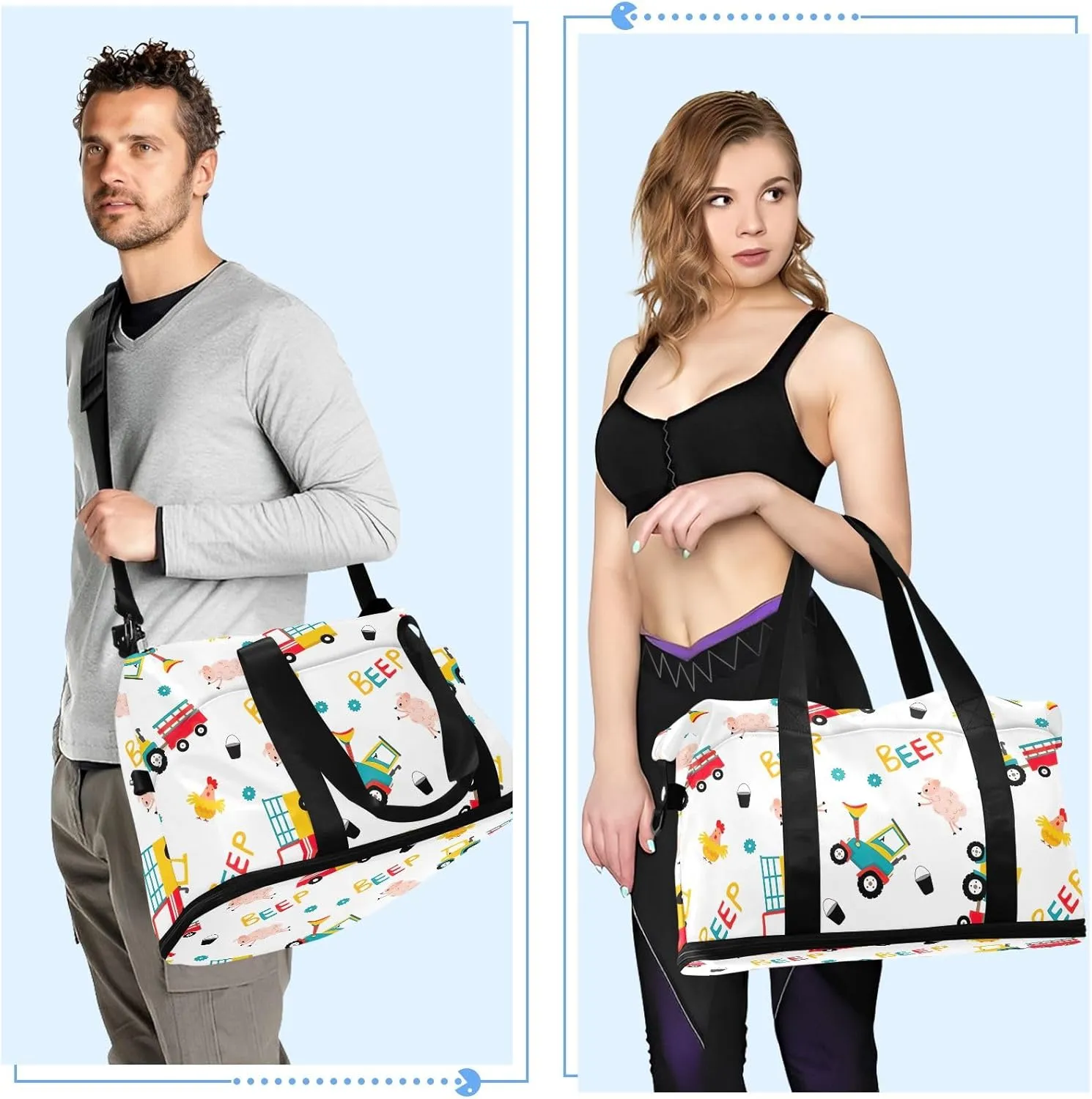 Farm Design Tractor Vehicle Cute Travel Tote for Women Expandable Baseball Duffle Bag, Weekender Duffle Bag with Wet Pocket and Shoes Compartment